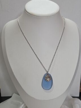 Women's Blue Sea Glass Style Silver Chain Necklace Sand Dollar Pendant Fashion